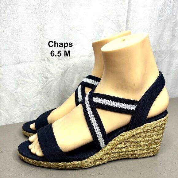 Chaps Dacey Blue Fabric Elastic Open Toe Espadrille Wedge Womens Size 6.5‎ M - Picture 1 of 11
